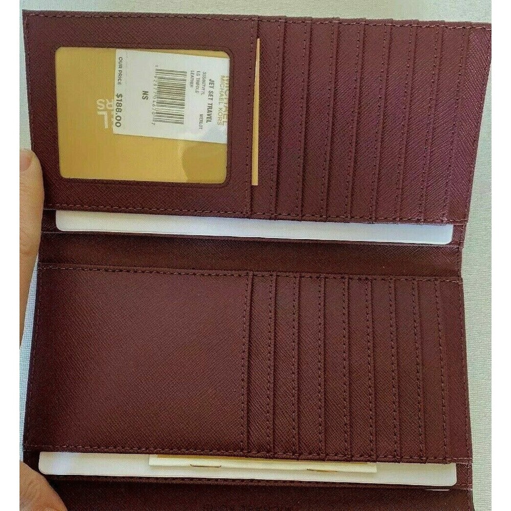 New Michael Kors Jet Set Travel Large Trifold Wallet Leather Merlot - Picture 4 of 5